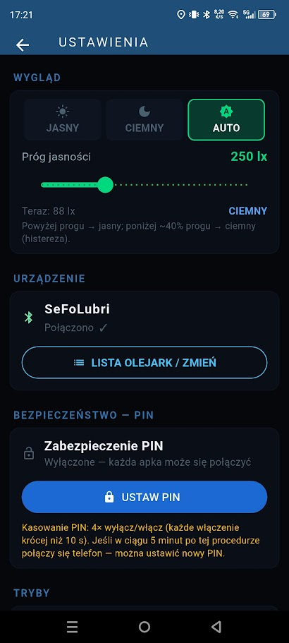 Ustawienia wyglądu, lista olejarek i zabezpieczenie kodem PIN