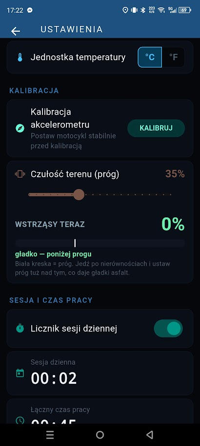 Kalibracja akcelerometru i czułości terenu z podglądem na żywo