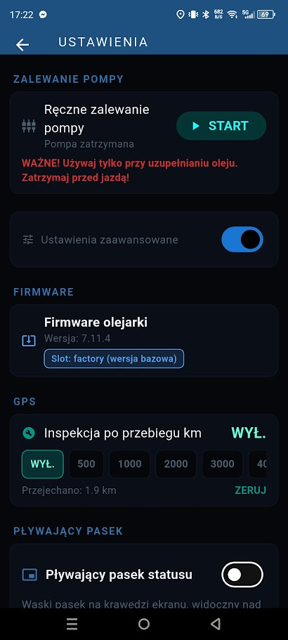 Zalewanie pompy, informacja o firmware i przypomnienie o przeglądzie