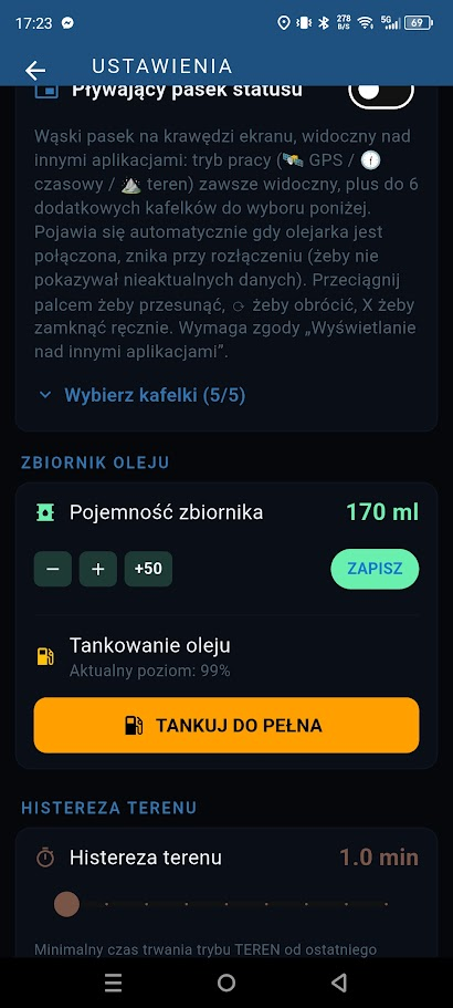 Pływający pasek statusu i ustawienia zbiornika oleju