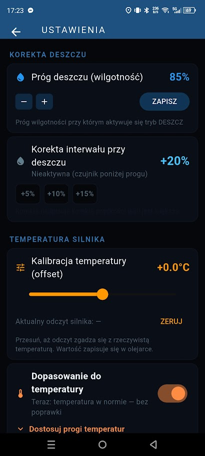 Korekta deszczu i kalibracja temperatury silnika